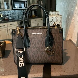 Michael Kors Brown and Black Satchel with Gold-Tone Hardware